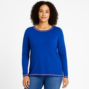 Old Navy Blue Long Sleeve Knit Top Striped Trim XL